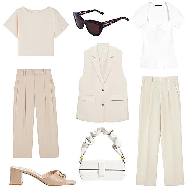 Camiseta de algodón 100%, de AMERICAN VINTAGE (65 €). Gafas de sol efecto carey, de GOODBYE RITA (69, 90 €). Top de punto con escote corazón, de MAJE (115 €). Pantalón de lino, de PEDRO DEL HIERRO (71 €). Bolso de piel, de THE SANT (460 €). Sandalia con detalle dorado en el empeine, de TWINSET (186 €). Pantalón ancho en tejido sostenible, de SKFK (110 €). Chaleco largo tipo sastre, de MANGO (35, 99 €). 