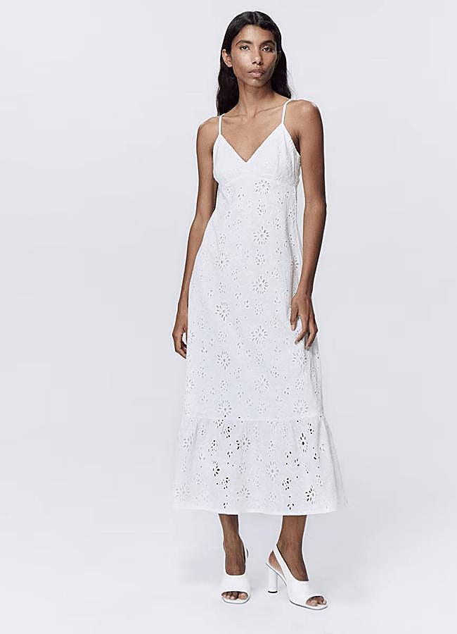 Imagen - Vestido midi de tirantes con bordado inglés blanco