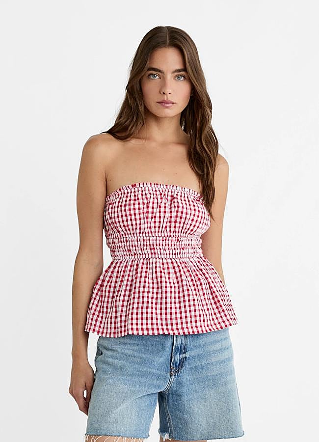 Imagen - Top palabra de honor con estampado de cuadros de Stradivarius.