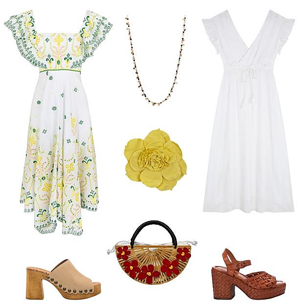 Vestido largo Sheen, en algodón y lino con bordados de colores, de CHARO RUIZ (699 €). Collar con cuentas de colores, de HOSS (49 €). Vestido blanco, con escote cruzado, de HUG & CLAU (C.P.V.). Sandalia trenzada con plataforma, de CARMELA (99, 95 €). Cesta de bambú con flores, de MONA MOON (65 €). Zueco Coyote, con suela de madera, tacón alto y con tachuelas, de MUSTANG (59, 95 €). Broche con forma de flor, de HORTENSIA MAESO (175 €). 