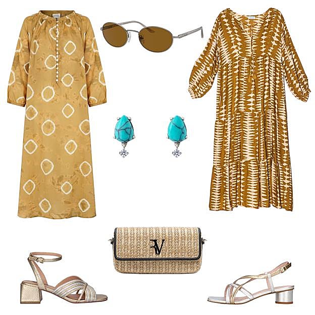 Vestido Marta, con manga larga, de PAR Y ESCALA (93, 75 €). Gafas de sol, con montura plateada, de PERSOL (185 €). Vestido Merceditas, largo y ancho, de LAS DE LA ISLA (71, 40 €). Sandalias François, en piel metalizada, de PRETTY BALLERINAS (113, 40 €). Bolso de hombro Louise, efecto rafia, de ROBERTO VERINO (112 €). Sandalias Sidney, con tacón medio y metalizadas, de EXÈ SHOES (79, 95 €). Pendientes con turquesas, de BA&SH (38, 50 €). 