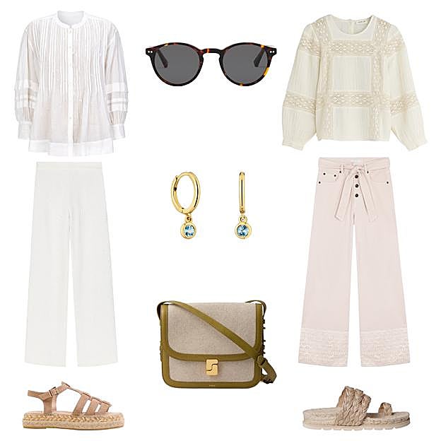 Blusa Mariola, en ramio 100%, de MAKSU (99 €). Gafas de sol con montura redonda, de JIMMY FAIRLY (100 €). Blusa en algodón, con detalles calados, de INDI & COLD (76 €). Pantalón denim ancho, con cinturón y detalles de encaje en el bajo, de HUG & CLAU (39, 99 €). Sandalia Doha, en rafia trenzada con suela de yute, de TONI PONS (69, 95 €). Bolso Bellissima, en tejido natural y piel, de SOEUR (225 €). Sandalias Livia, con suela de yute, de GAIMO (95 €). Pantalón Portofino, bordado, de Chiribita (79 €). Pendientes de oro con piedra natural, de TOUS (C.P.V.). 