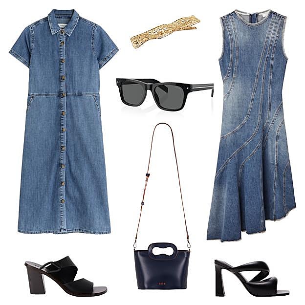 Vestido vaquero con manga corta, de INDI & COLD (C.P.V). Horquilla para el pelo dorada, de YOU ARE MY PRINCESS (1, 99 €). Vestido vaquero con bajo asimétrico, de COS (100 € aprox.). Sandalia con tacón, de STEVE MADDEN (170 €). Bolso TOSSA, en piel reciclada, de SKFK (149 €). Sandalia Astree, en piel con tacón de madera, de SOEUR ( 123 €). Gafas de sol, de PRADA (370 €). 