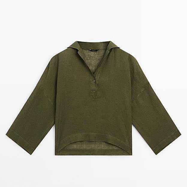 Imagen principal - Camisa lino cuello polo manga larga de Massimo Dutti (39,95€)/Jeans wide leg tiro alto rotos de Zara (29,95€)/Sandalias tacón cuadrado Aubry de Martinelli (108€)