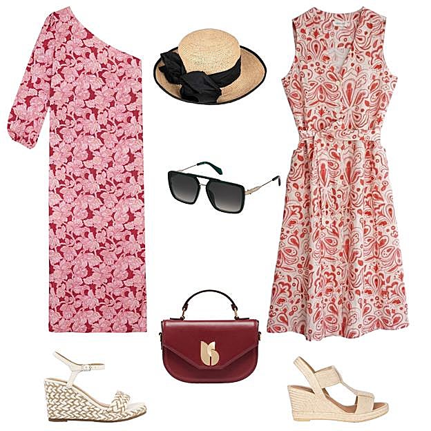 Vestido con escote asimétrico, de HUG & CLAU (45, 99 €). Sombrero en rafia con cinta y lazada, de RIVERA (43, 40 €). Vestido estampado, con cinturón, de INDI & COLD (111 ). Sandalias con cuña y suela de esparto, de RIVERA (C.P.V.). Bolso de pie, con adorno dorado, de BA&SH (295 €). Alpargatas con cuña, de GIOSEPPO (69, 95 €). Gafas de sol con patilla metálica, de JUST CAVALLI (199 €). 