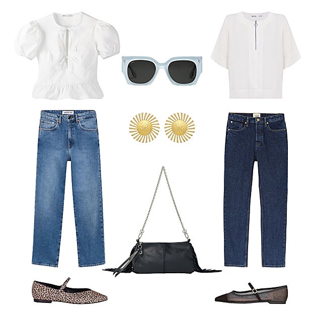 Blusa con lazadas y mangas von volumen, de BERSHKA (18 €). Gafas de sol con montura azul, de TIWI (75 €). Blusa Petri, en viscosa eco y con cremallera, de SKFK (79 €). Pantalón pitillo, en algodón ecológico, de SÉZANE (100 €). Bailarinas Ella, en red transparente, de PRETTY BALLERINAS (115 €). Bolso en piel con flecos, de MAJE (195 €). Merceditas Paris Leo, con animal print, de ADEBA (140 €). Pantalón vaquero, de ANDESITES (135 €). Pendientes Flavia dorados, de ACUS (40 €). 