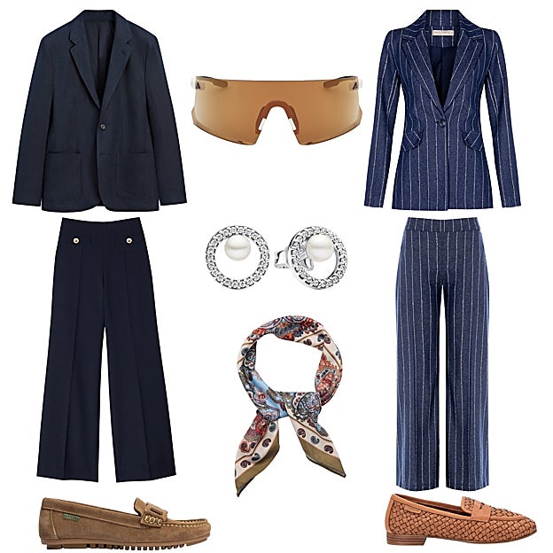 Americana de un botón, de MASSIMO DUTTI (179 €). Gafas tipo máscara deportivas, modelo Dunamis, de ADIDAS (220 €). Chaqueta entallada y pantalón recto a juego, en raya diplomática, de RINASCIMENTO (C.P.V.). Mocasín en piel trenzada, de CARMELA (100 €). Pañuelo estampado, de MANGO (10 €). Mocasín en ante, con suela de goma, de PITILLOS (65 €). Pantalón ancho con botones dorados, de SANDRO (265 €). Pendientes plateados, con perla, de PANDORA (69 €).