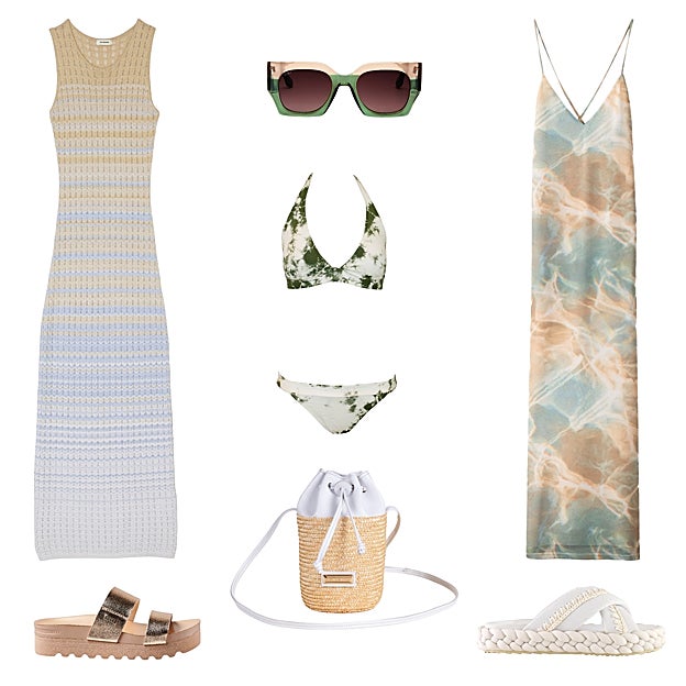 Vestido midi de punto, en color degradé, de SANDRO (325 €). Gafas Matt, en acetato bicolor, de TIWI (75 €). Vestido midi entallado, con efecto tie-dye, de BERSHKA (30 €). Sandalias con suela trenzada, de MOU (199 €). Bolso Bartola, en paja de trigo con napa, de PIEL DE MAR (64, 95 €). Sandalias con suela de plataforma y tiras en piel metalizadas, de REEF (56 €). Biquini tie dye, de ALL THAT SHE LOVES (117 €). 