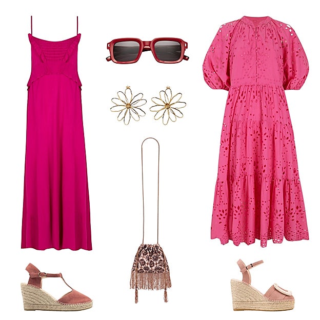 Vestido de tirantes, con escote de nido de abeja, de SLOW LOVE (20 €). Gafas Jordi, en acetato rojo, de WOODYS (201 €). Vestido lago calado, de PEDRO DEL HIERRO (74 €). Alpargata Anya, con adorno de hebilla, de MACARENA SHOES (85, 41 €). Bolso tipo bombonera, con pedrería, de HOSS (80 €). Alpargata Bea, con suela de yute natural, de MONGE (110 €). Pendientes con forma de flor, de ZARA (16 €). 