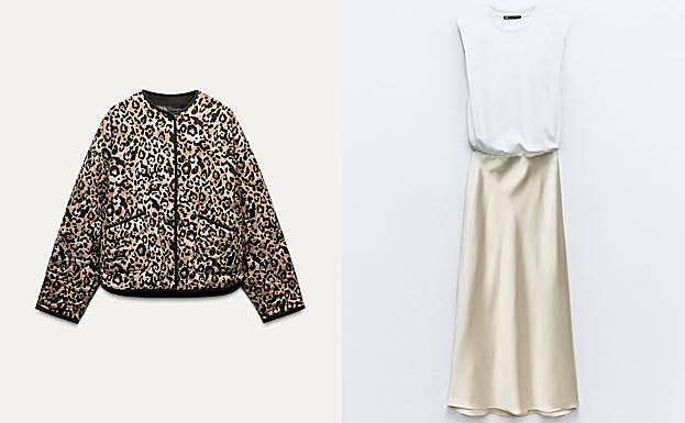 Cazadora acolchada de leopardo y vestido trampantojo, ambos de Zara.