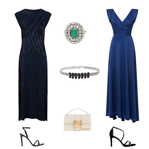 Vestido de invitada en viscosa y cupro, de MAKSU (220 €). Sortija en oro blanco, brillantes y esmeralda, de JOYAS ANTIGUAS SARDINERO (C.P.V.). Vestido de invitada con bajo asimétrico, de LAURA BERNAL (C.P.V.). Sandalias con tacón stiletto, de LODI (139 €). Bolso de mano, de RUE MADAM PARIS (165 €). Sandalias en charol, de MARTINELLI X REDONDO BRAND (180 €). Cinturón con pedrería, de FLORMODA (26 €).