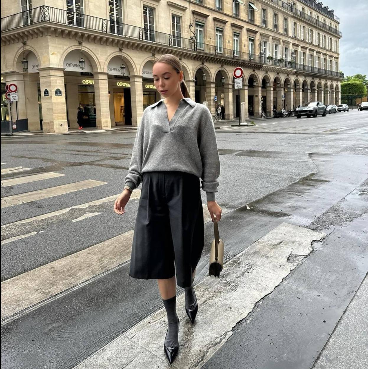 Influencer con polo en look de entretiempo