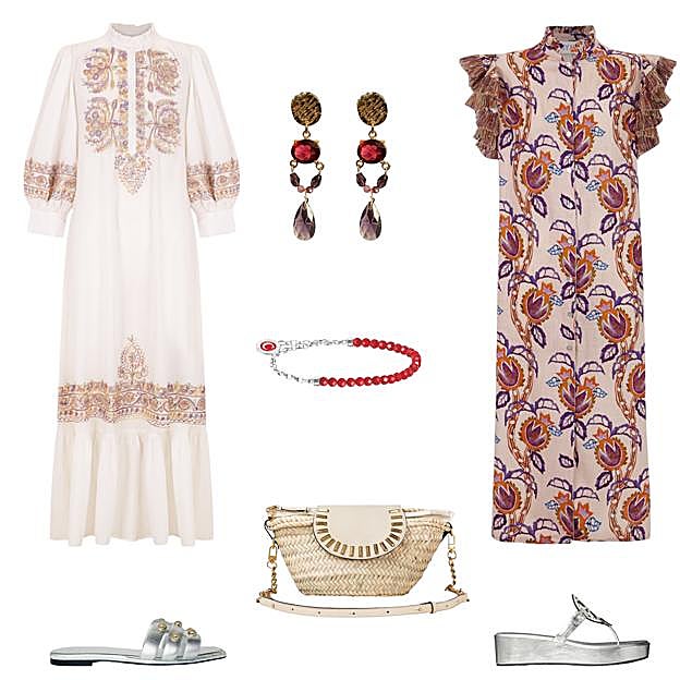 Vestido de algodón estampado, de ANTIK BATIK (420 €). Pendientes con cristales checos, de SHIORI (60 €). Vestido Casarano, con volantes en las mangas, de BYAN (C.P.V.). Sandalias en plata, con logo en el empeine, de TORY BURCH (310 €). Bolso tipo cesto, de MAUSKA (235 €). Sandalia plateada con tachuelas, de MAJE (164, 50 €). Pulsera Charm Club, de THOMAS SABO (69 €).