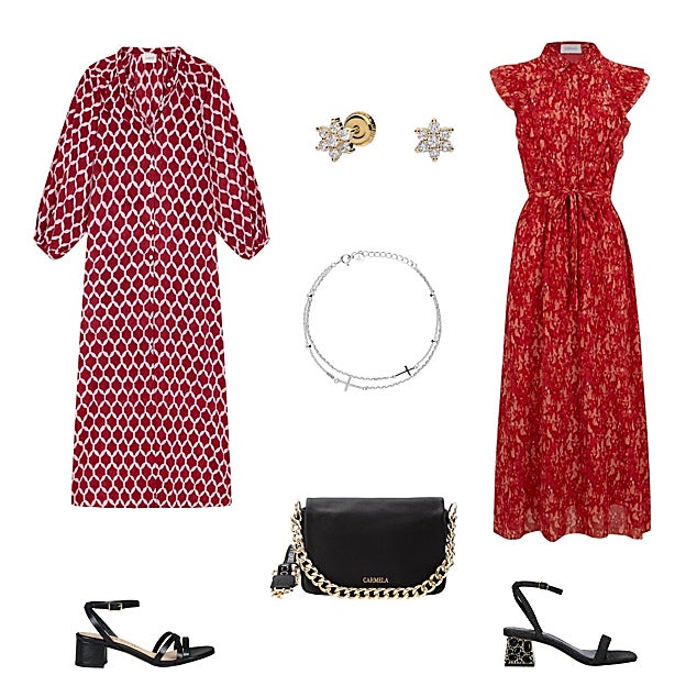 Vestido tipo caftán, de BABBAKI (99 €). Pendientes con forma de estrella y circonitas (115 €) y collar doble (28 €), ambos de JOSÉ LUIS JOYERÍAS. Vestido son mangas y con cinturón, de POLÍN ET MOI (50 €). Sandalias en rafia, con tacón-joya, de EXÈ SHOES (70 €). Bolso bandolera en piel, de CARMELA (80 €). Sandalias con tacón cuadrado bajo, de MIMAO (37, 50 €).