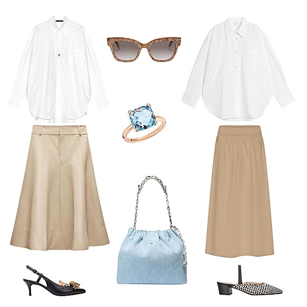 Camisa en popelín, con un solo bolsillo, de MAJE (195 €). Gafas de sol, de FURLA (195 €). Blusa en popelín, de ARKET (69 €). Falda camel, de BYFLOU (74 €). Zapato destalonado trenzado, de MASCARÓ (114 €). Bolso June en denim, de BA&SH (365 €). Zapato destalonado con borla, de MARTINELLI (140 €). Falda evasé beige, de ZARA (50 €). Anillo en oro rosa con topacio, de WEMPE (C.P.V.).