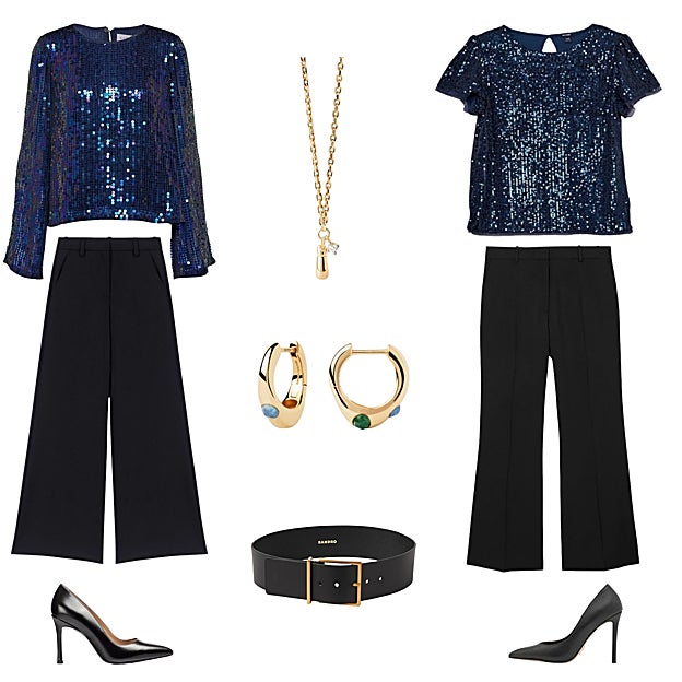 Top de manga larga con lentejuelas, de VELVET (219 €). Collar Kira con colgante (89 €) y pendientes Coral (89 €), en Plata de Ley con baño de oro, todo de PDPAOLA. Top de manga corta con lentejuelas, de KIABI (12 €). Pantalón negro ancho básico, de COS (125 €). Zapato tipo salón, de STEVE MADDEN (84 €). Cinturón de piel, de SANDRO (175 €). Salón con tacón de aguja, de UNISA (125 €).