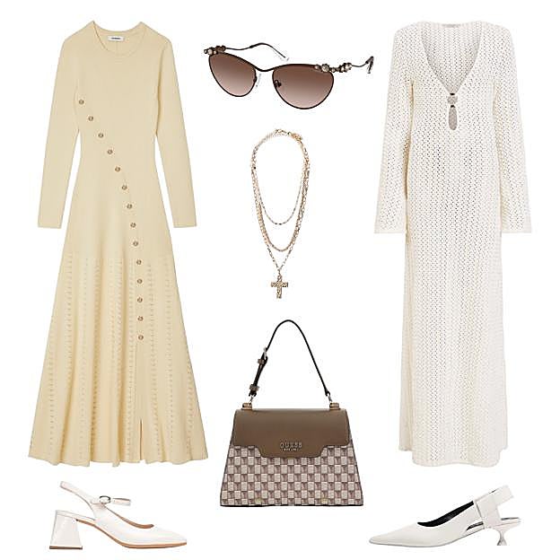 Vestido largo de punto, de SANDRO (295 €). Gafas de sol con cristales, de SWAROVSKI (230 €). Vestido en punto calado, de ALLSAINTS (C.P.V.). Zapatos de punta afilada, con tacón kitten, de BIMBA Y LOLA (185 €). Bolso con solapa y print, de GUESS (155 €). Zapatos destalonado con pulsera en el empeine, de WONDERS (94, 50 €). Collar con colgante de cruz, de BERSHKA (10 €). 