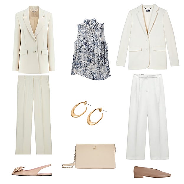 Blazer con doble botón, de GUESS (95 €). Blusa estampada sin mangas, de IKKS (125 €). Chaqueta blazer, de THE KOOPLES (345 €). Pantalón sastre ancho, de ZARA (30 €). Bailarina en piel nude, de MALABABA (230 €). Bolso de piel, de FURLA (195 €). Bailarina destalonada, de PRETTY BALLERINAS (199 €). Pendientes de latón, de HOSS INTROPIA (39 €).