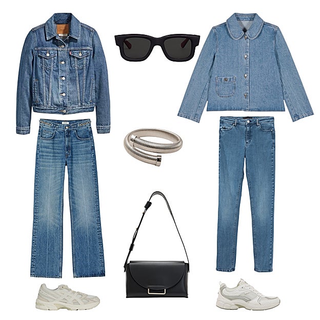 Cazadora vaquera, de LEVI'S (120 €). Gafas de sol Nico, con montura negra, de TIWI (78 €). Chaqueta vaquera con cuello bebé, de BA&SH (245 €). Vaquero pitillo, de IKKS (145 €). Zapatillas blancas, de MUSTANG (46 €). Bolso Celeste, en piel negra, de ALLSAINTS (253 €). Zapatillas blancas, de ASICS EN EXCLUSIVA PARA COURIR (125 €). Vaquero con detalle de cadena en la cinturilla, de SANDRO (C.P.V.). Pulsera en latón, enroscada y abierta, de LATIDO (30 €).