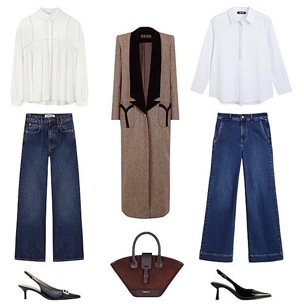 Blusa con cuello redondo, de TRUCCO (60 €). Abrigo Eliot, con cuello de terciopelo, de la colección Heritage de BYAN (335 €). Camisa Amazonia co detalles de tachuelas (70 €) y pantalón vaquero (76 €), de TINTA Y BARILOCHE (76 €). Zapato destalonado en charol, de BERSHKA (23 €). Bolso en piel y ante, de PARIS/64 (319 €). Zapato slingback con hebilla, de ALLSAINTS (190 €). Vaquero recto, de ANDESITES (140 €).