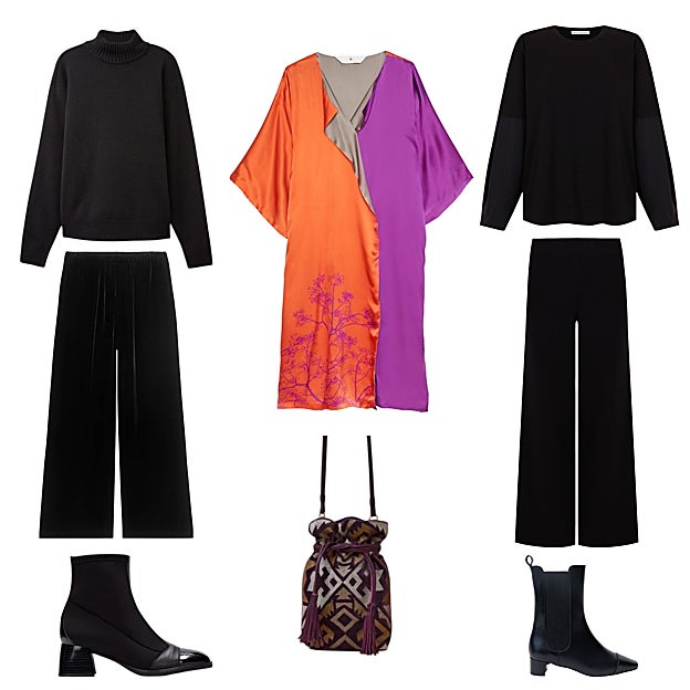 Jersey en cashmere, de FALCONERI (228 €). Kimono Acacia, en seda natural, de VIDA Y MILAGROS (C.P.V.). Top en viscosa, de CHIE MUHARA (253 €). Pantalón recto Asua, en tejido sostenible, de SKFK (99 €). Botín Manuela, de MINT & ROSE (199 €). Bolso tipo limosnera bordado, de LATIDO (66 €). Botín en mezcla de tejidos, de HISPANITAS (140 €). Pantalón en terciopelo, de ARKET (119 €).