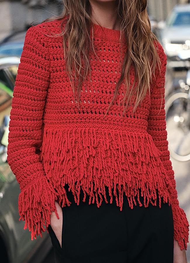 Imagen - Jersey calado con flecos color rojo