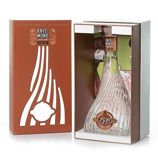 Botella Edición Lujo de Anís del Mono, que se puede comprar sola o en el cofre de regalo elaborado con La Pajarita.