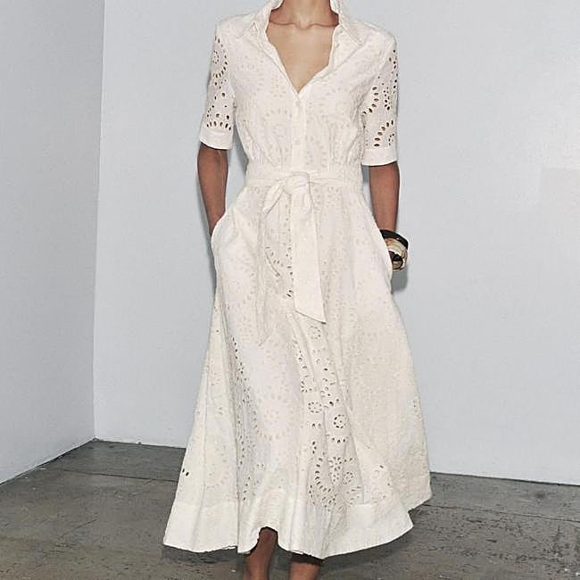 Vestido camisero en tejido bordado blanco