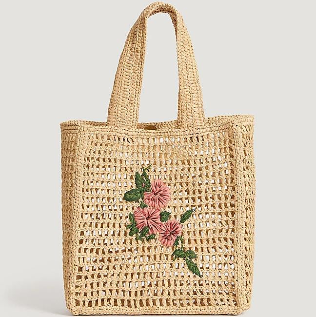 Bolso saco de rafia con flores boradas
