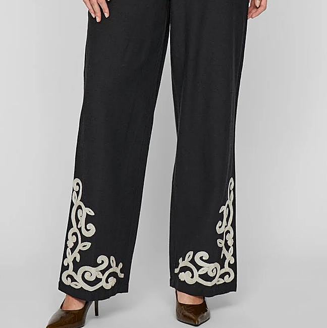 Pantalones de lino largo con bordado a contraste