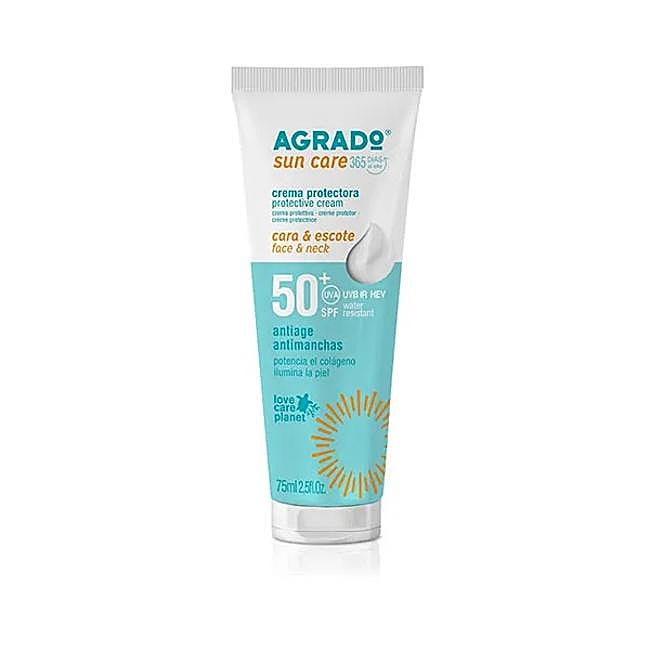 Agrado Crema Facial Antimanchas y Antiedad SPF50+.