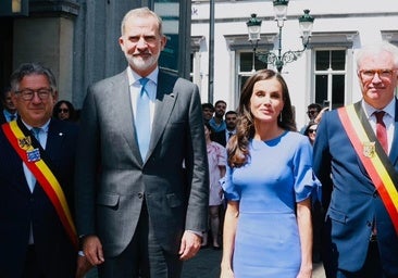 Letizia estrena en Bélgica un vestido de Carolina Herrera: rebajado a mitad de precio y con un color azul favorecedor