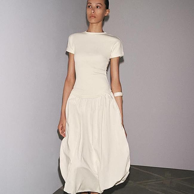 Vestido combinado midi con falda globo