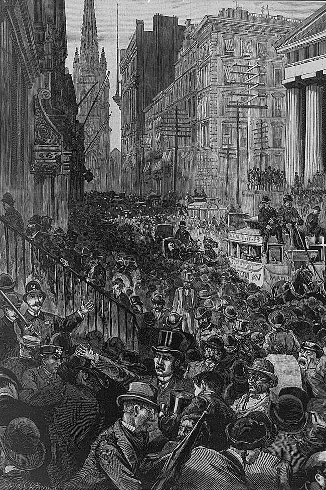 Ilustración del periódico Harper's Weekly que representa la situación en Wall Street la mañana del 14 de mayo de 1884, cuando se produjo una de las crisis más graves de la época.