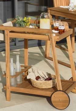 Imagen secundaria 2 - Camarera de aluminio de Leroy Merlin (249 euros). Abajo, diseño que combina acero y madera aceitada de JYSK (rebajada a 85 euros) y en madera maciza de acacia de Kave Home (149 euros).