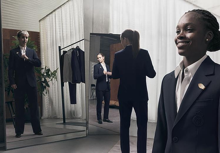 Las jugadoras Paula Comendador, Signe Brunn y Linda Caicedo con los uniformes del Real Madrid creados por Louis Vuitton.