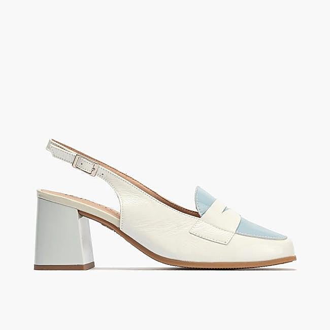 Mocasín talón abierto con tacón mujer con hebilla en piel charol azul (52,47€)