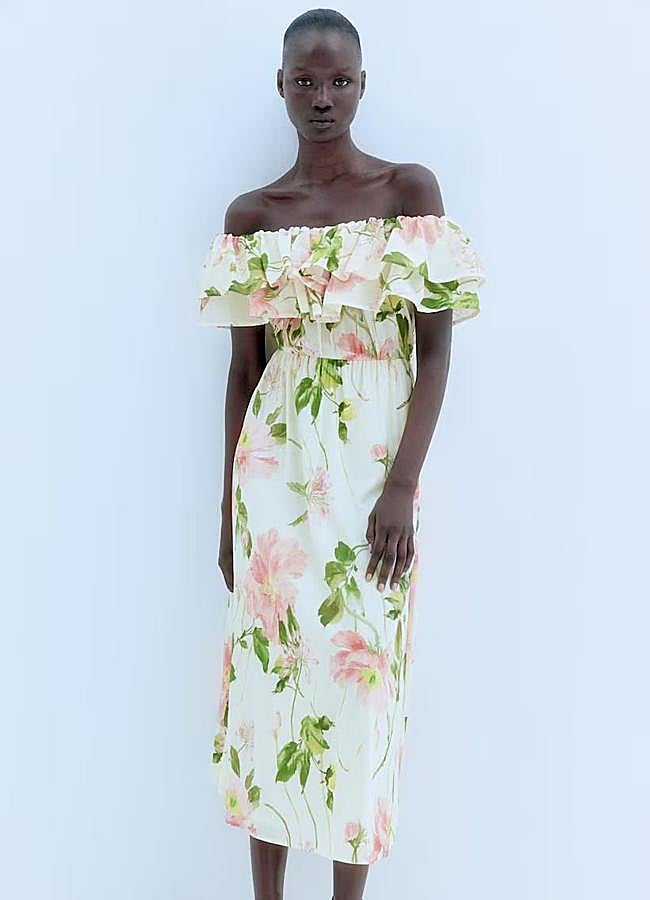 Imagen - Vestido floral print midi con escote bardot