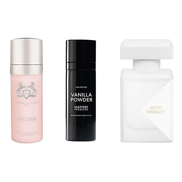 Delina Hair Mist de Parfums de Marly, Vanilla Powder Hair Perfume de Matière Première y Musk Therapy Hair Mist de la marca parisina Initio Parfums Privés (todas disponibles en Isolée Shop).