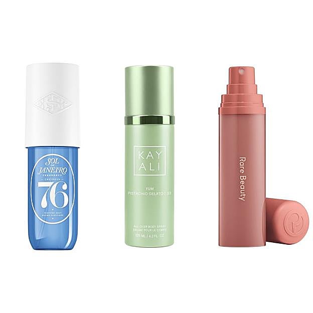 Cheirosa 76 Perfume Mist de Sol de Janeiro, Find Comfort Awaken Confidence de Rare Beauty y Yum Pistachio Gelato 33 de Kayali (todo disponible en Spehora).