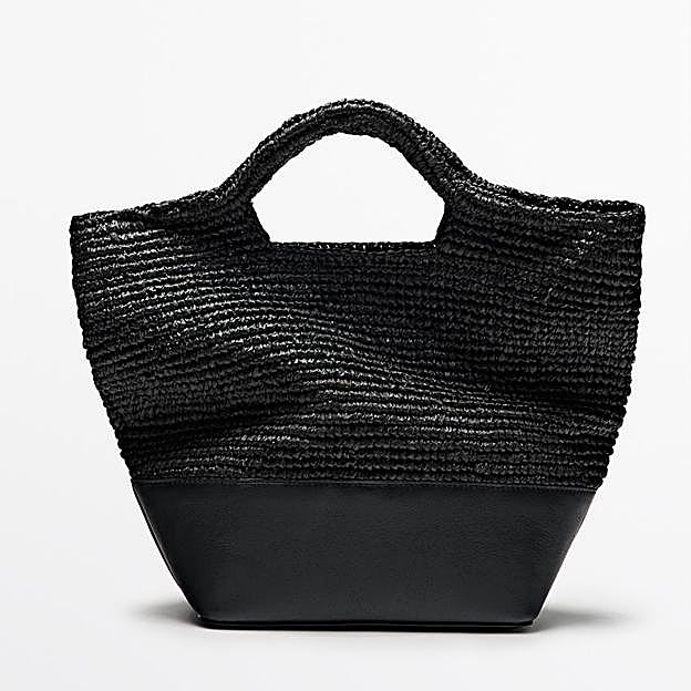 Bolso rafia natural con base piel (129€)