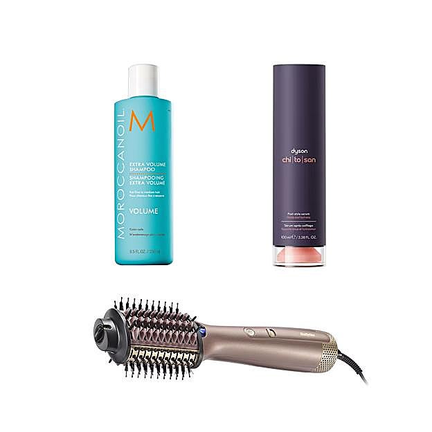 Champú extra volume de Moroccanoil (29 euros), cepillo moldeador Air Power de Babyliss (62,30 euros) y sérum de acabado Chitosan™ de Dyson (59 euros)..