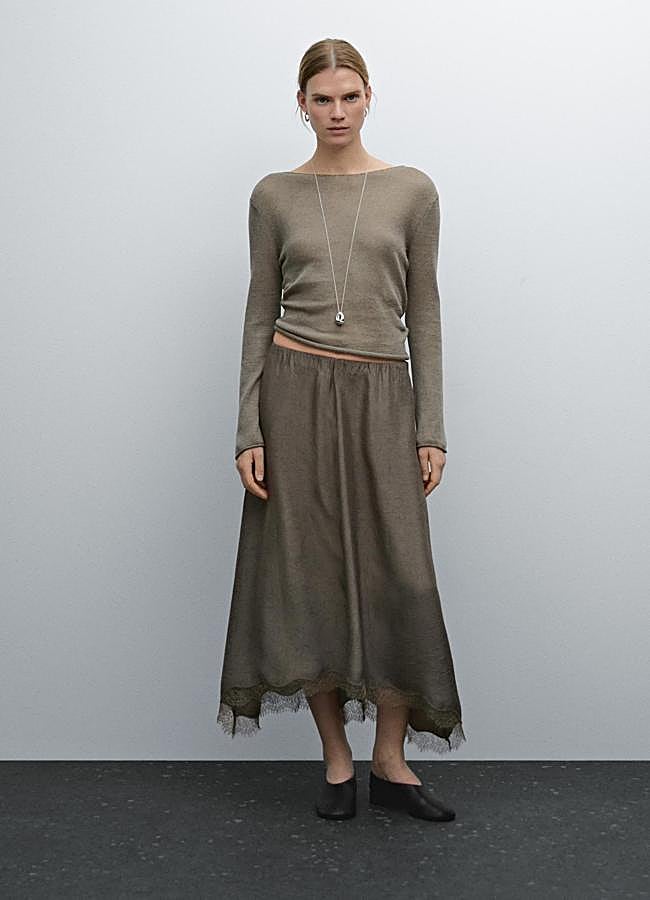 Imagen - Falda midi con detalle de encaje de Massimo Dutti.