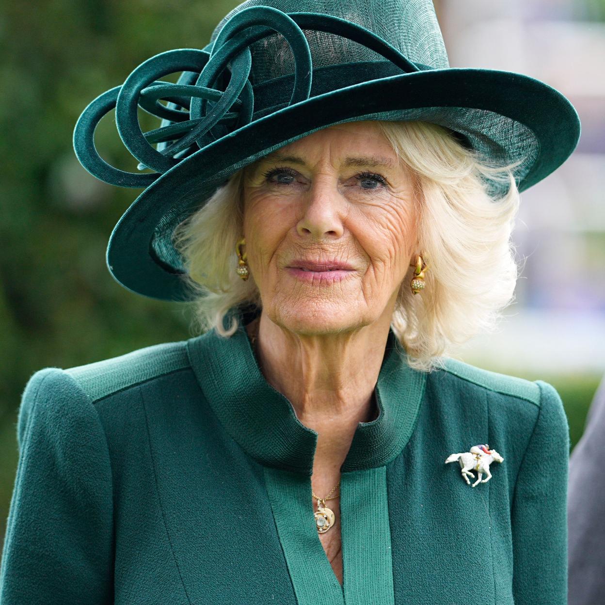 La reina Camilla con uno de los muchos broches de su colección.