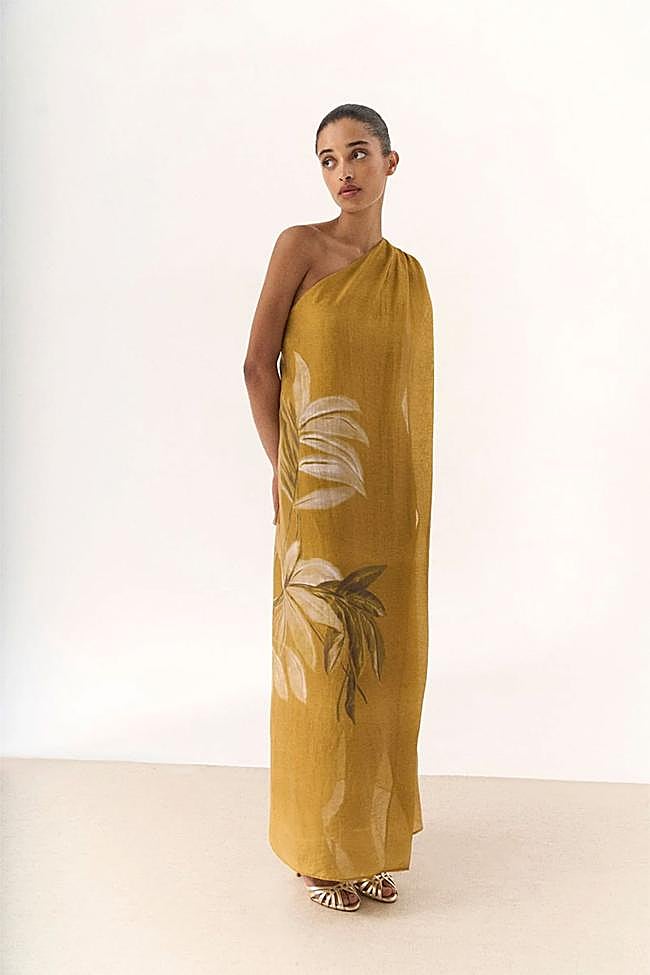Vestido asimétrico con estampado floral de Bimani.