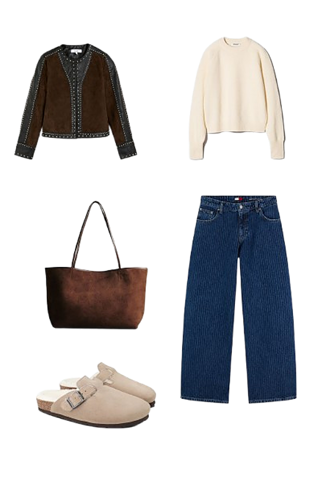 Chaqueta de piel, de Scalpers (329 €)/ Jersey 100% cashmere, de Uniqlo (159 €)/ Jeans Daisy loose, de Tommy Hilfiger (129,90 €)/ Bolso Tote Basile, de Sézane (160 €)/ Zuecos Riva Velour Wool Taupe, de Genuins (79,90 €).