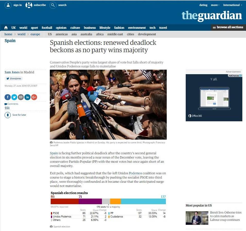 The Guardian (Reino Unido) destaca el "estancamiento" al no obtener ningún partido la mayoría absoluta.