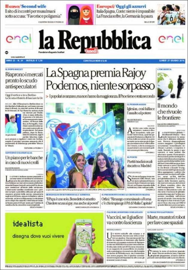 'La Repubblica' (Italia) dice que España "premia a Rajoy" y destaca que Podemos no ha superado al PSOE.