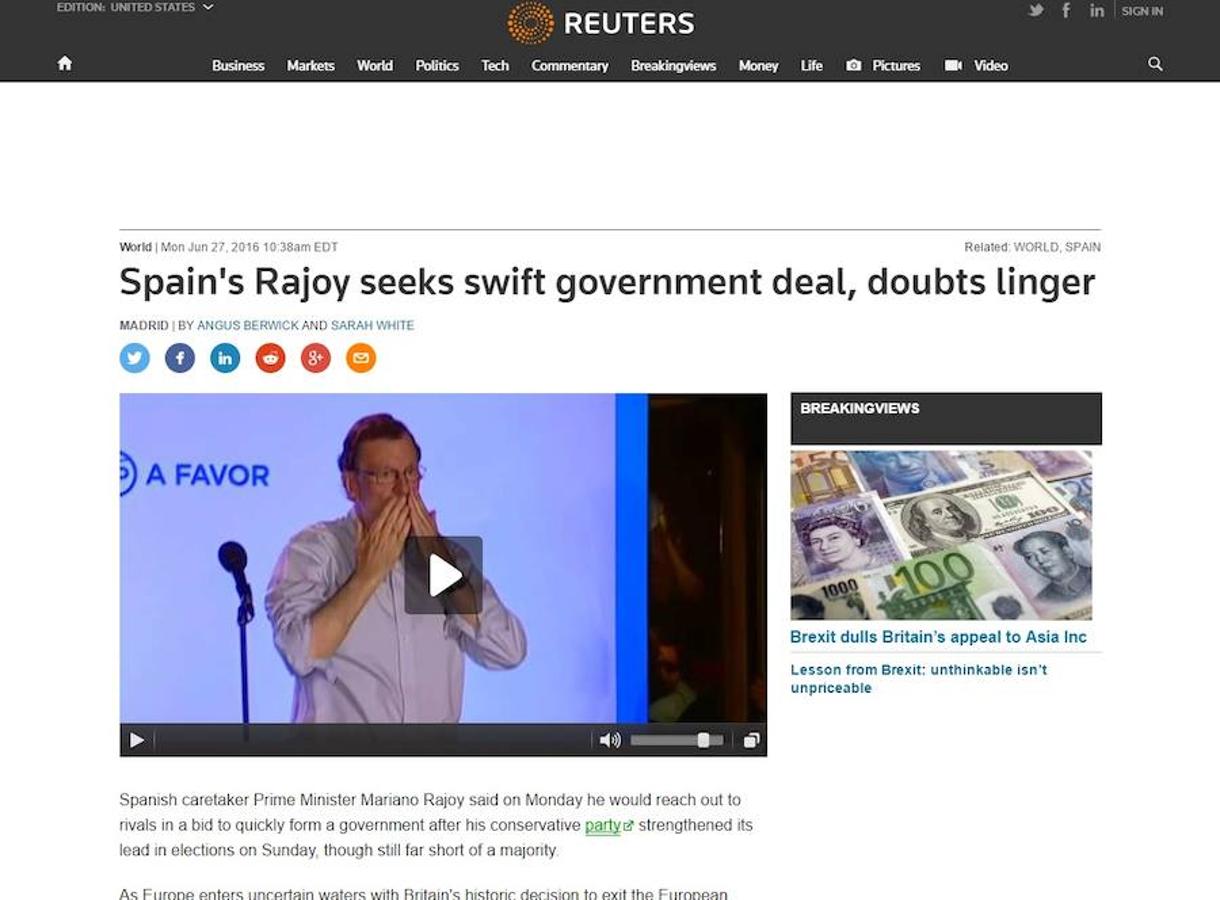 Reuters (Reino Unido) señala que "Rajoy busca un acuerdo de gobierno" mientras "las dudas persisten".