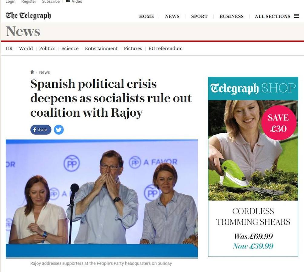 The Telegraph (Reino Unido) titula: «La crisis política española se agudiza por el rechazo socialista a una coalición con Rajoy»